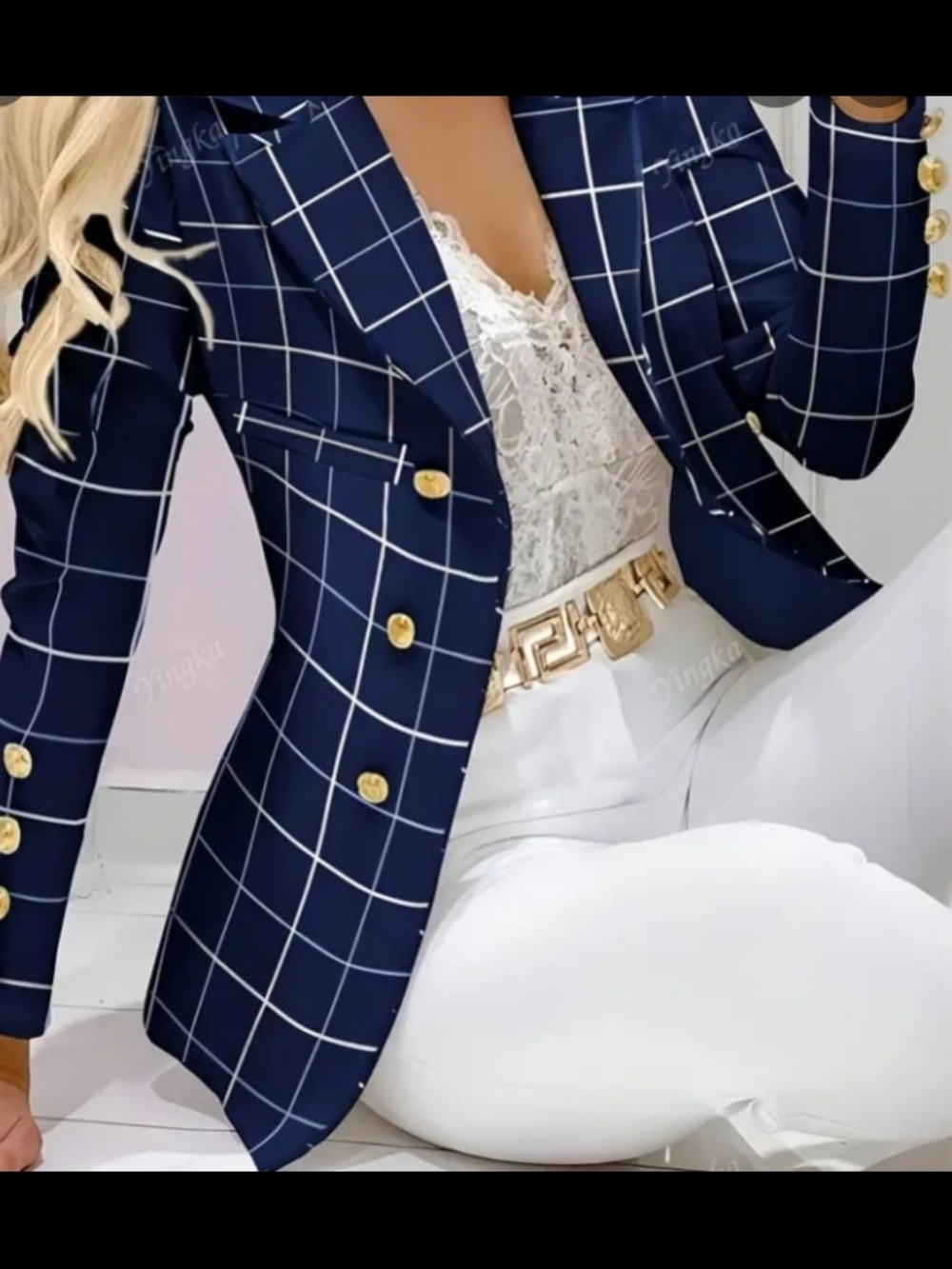 Navy Windowpane Double-Breasted Thin Blazer with Gold Buttons
